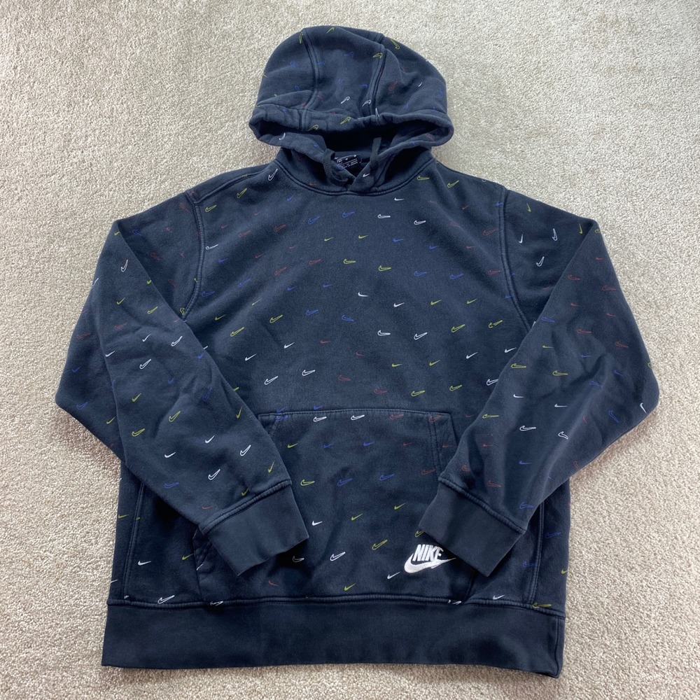 Nike Sweatshirt Mens Size Medium Black All Over Swoosh Logo Hoodie